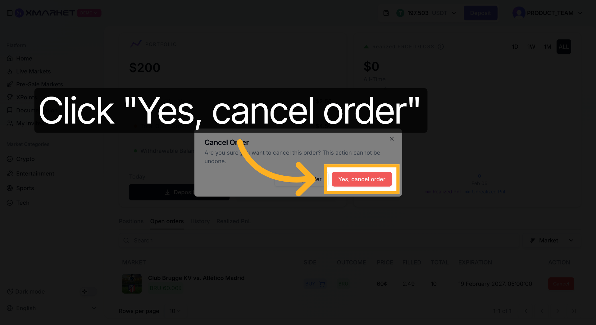 Cancel order confirmation dialog